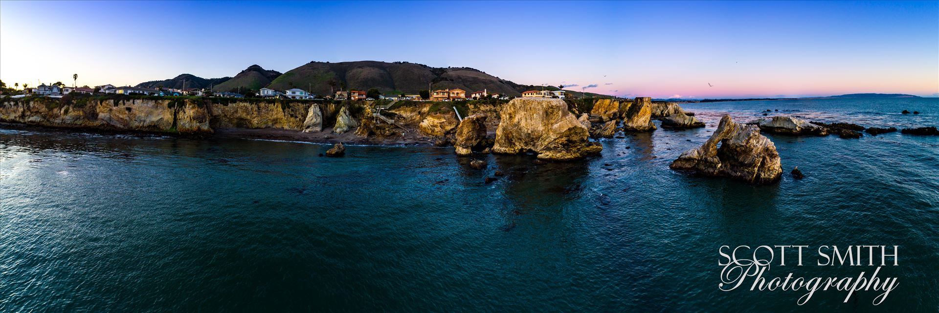 Aerial of Shell Beach No 3, California - Near sunset, at Shell Beach, California.  Composite of 21 high res images from a Phantom 4 Pro.  This is a super high resolution image at over 16k by 4k pixels. by Scott Smith Photos