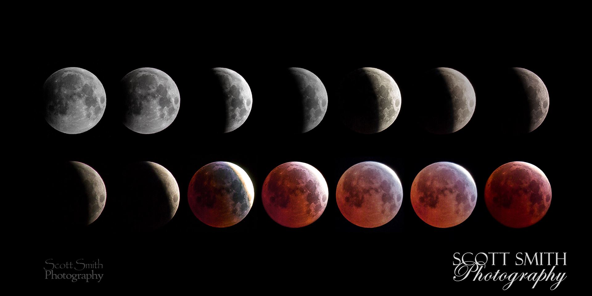 April 4 2015 Eclipse Collage - A collage of 14 images from the spring 2015 lunar eclipse, showing the different phases of the moon. by Scott Smith Photos