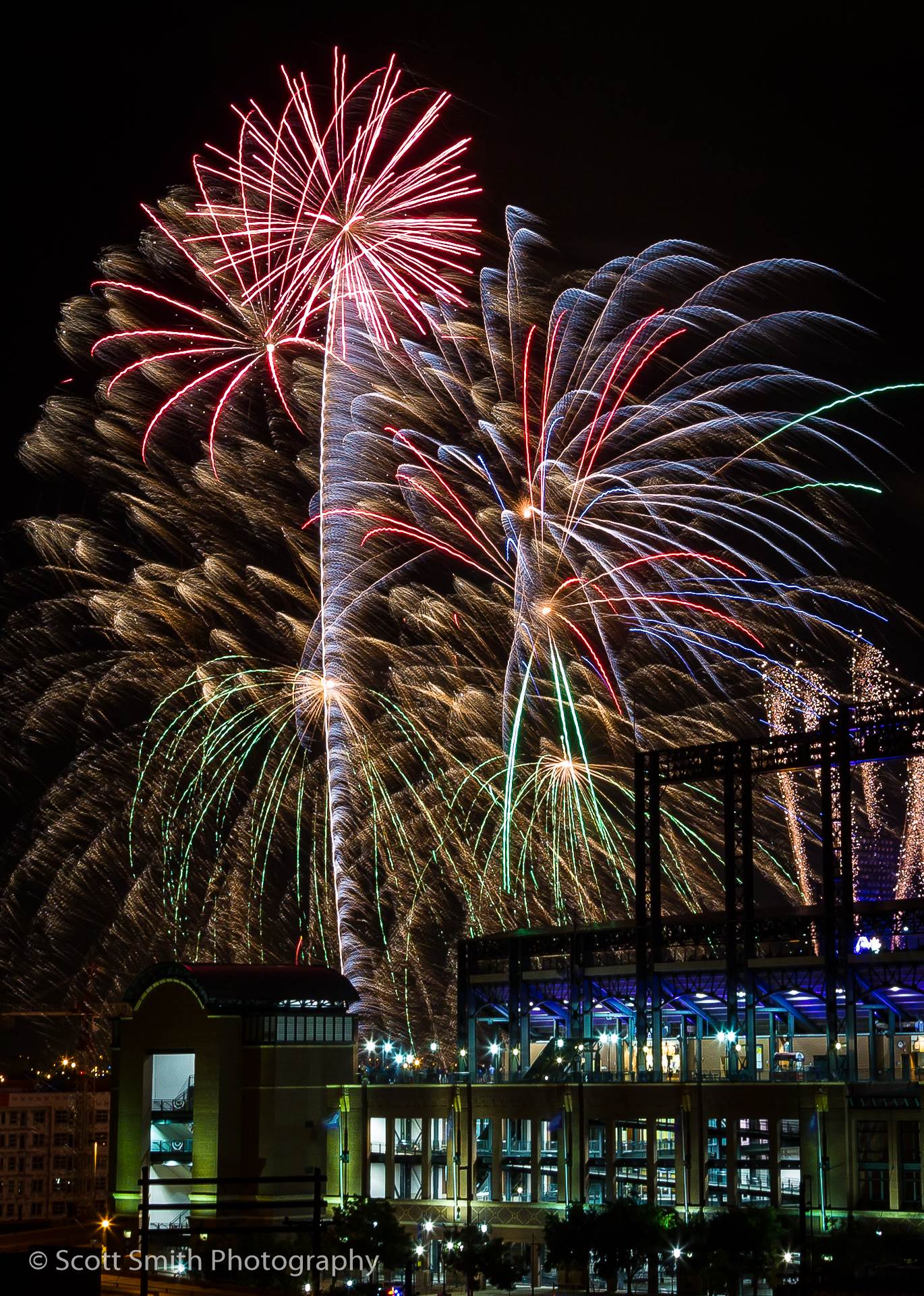 Fireworks over Coors Field 7 - Fourth of July fireworks over Coors Field after a Colorado Rockies game. by Scott Smith Photos