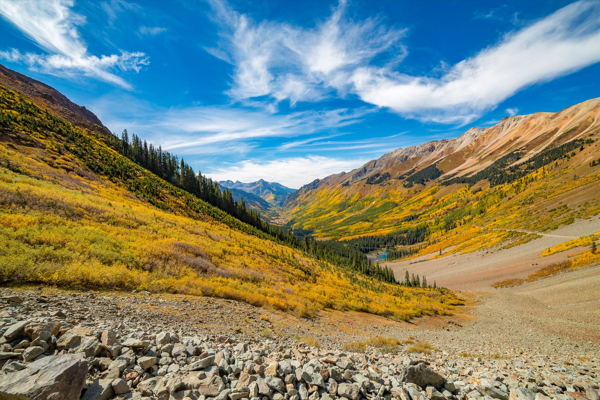 Rocky Ophir Pass - Looking towards the mining town of Ophir, Rubble from the slowly eroding mountains make up most of the terrain on Ophir Pass,. by Scott Smith Photos