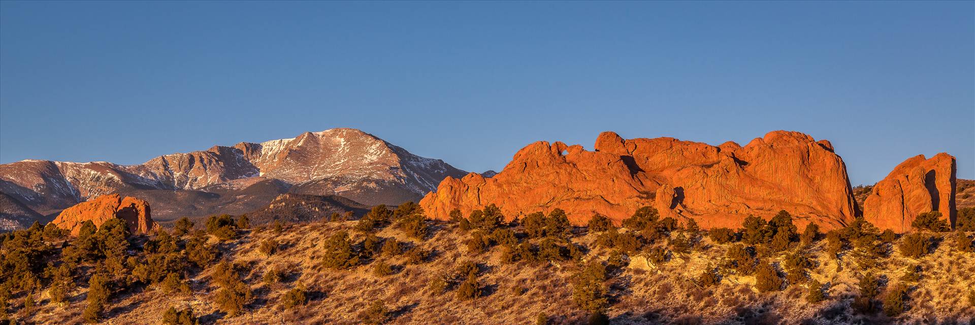 Garden of the Gods Sunrise - The Garden of  the Gods with Pike's Peak in the distance. by Scott Smith Photos