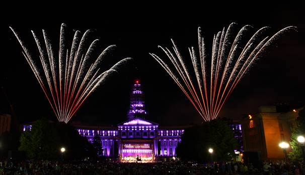 Fireworks over the Denver County Courthouse displayed along with a performance from the Denver Symphony.
