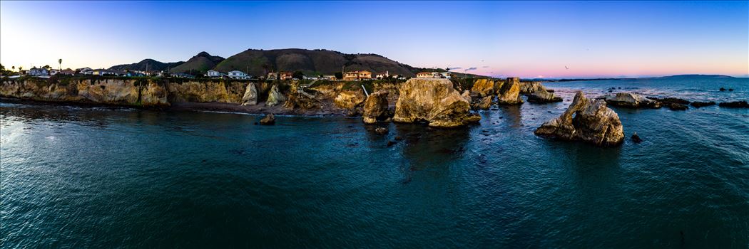 Near sunset, at Shell Beach, California.  Composite of 21 high res images from a Phantom 4 Pro.  This is a super high resolution image at over 16k by 4k pixels.