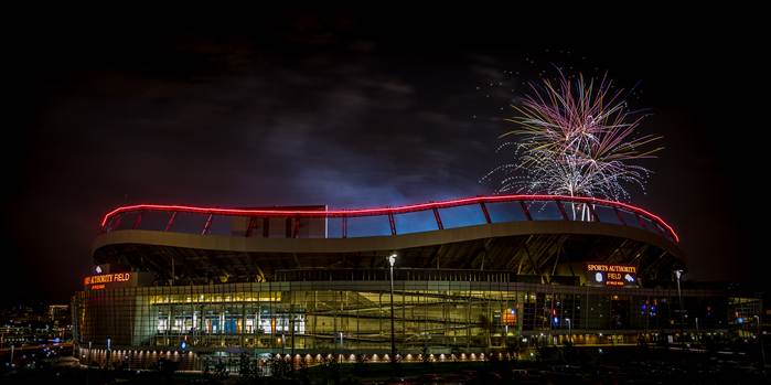 Fireworks over Mile High Stadium in Denver, Colorado on the Fourth of July.