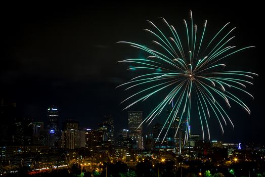 Fireworks from Elitch Gardens, taken near Speer and Zuni in Denver, Colorado.