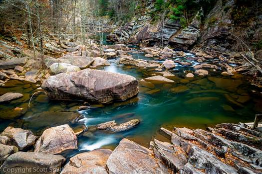 The beautiful emerald-green water at the bottom of Tallulah Gorge, Georgia.