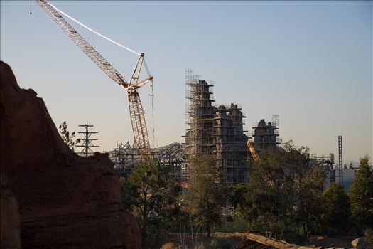 A rare photo of construction progress of the new Star Wars Galaxy's Edge park at Disneyland.