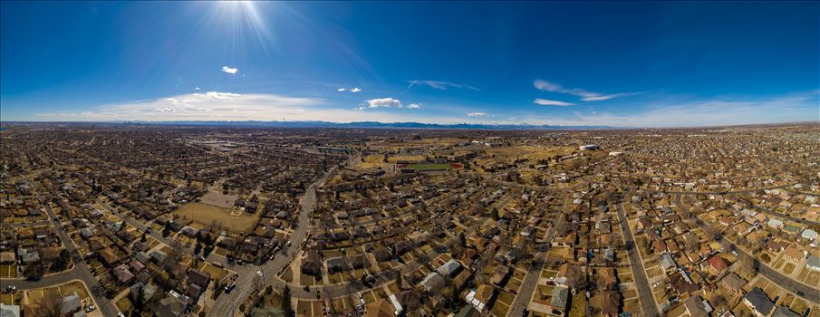 A panoramic aerial photo of Thornton, Colorado, made up of 21 separate photos.