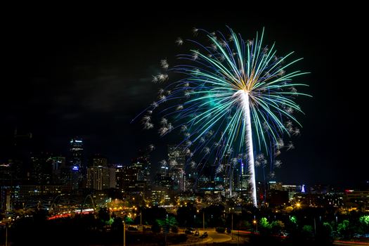 Fireworks from Elitch Gardens, taken near Speer and Zuni in Denver, Colorado.