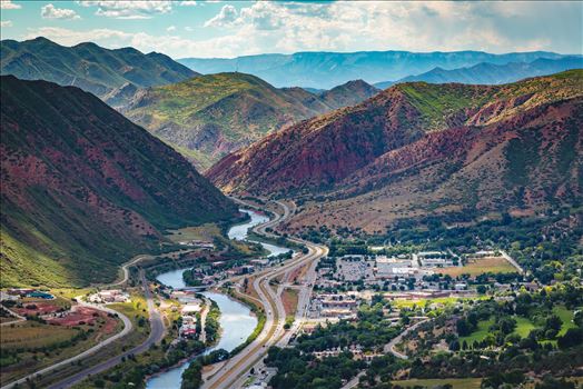 Landscape version of the view from the top of Glenwood Caverns, the city of Glenwood Springs, Colorado looks miniature.